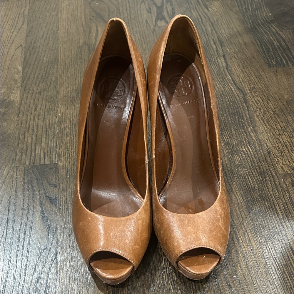 Tory Burch Tan Peep-Toe Heels